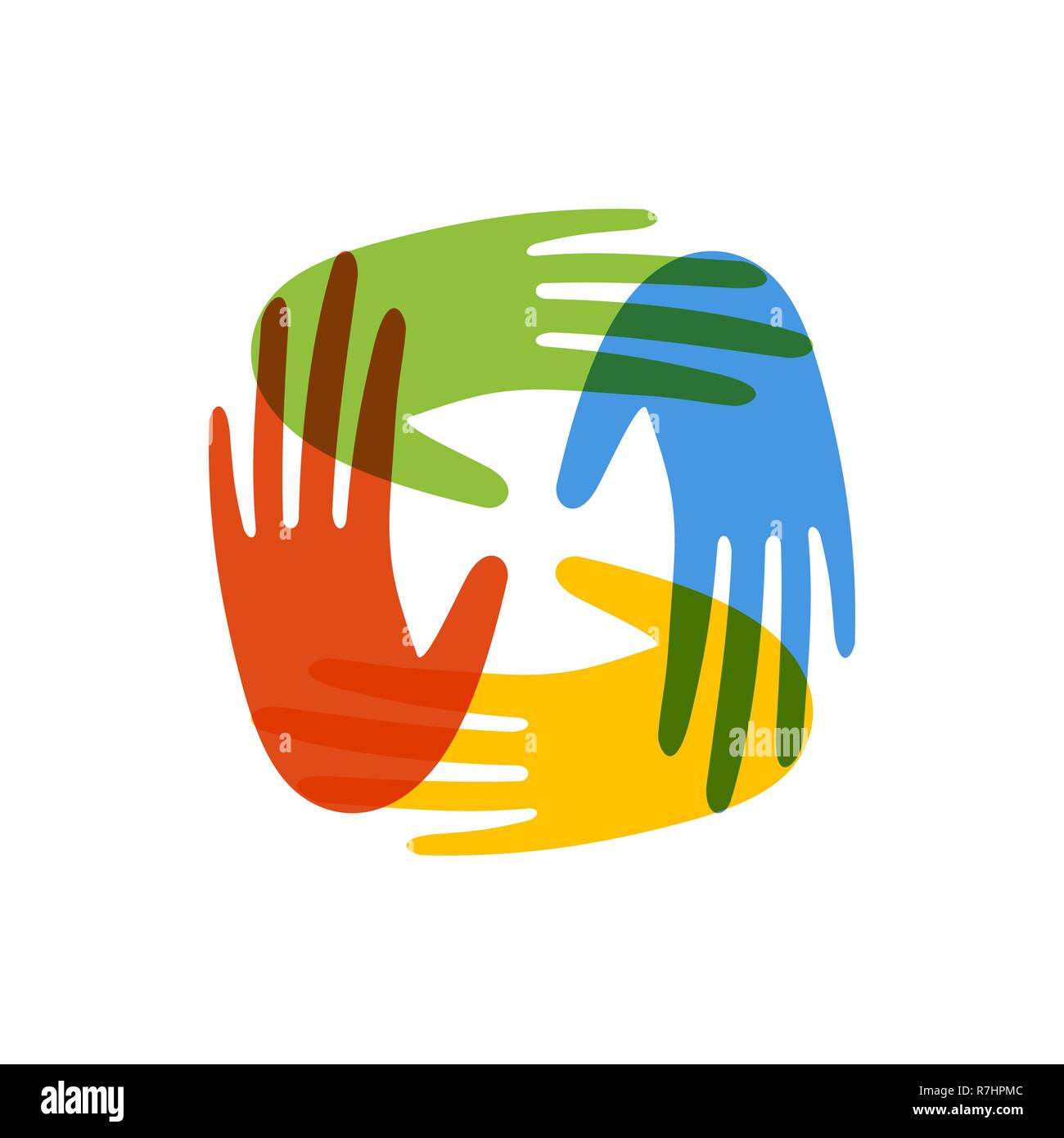 Colorato mani umane insieme sullo sfondo isolato. Il lavoro sociale illustrazione o aiuto comunitario. Illustrazione Vettoriale