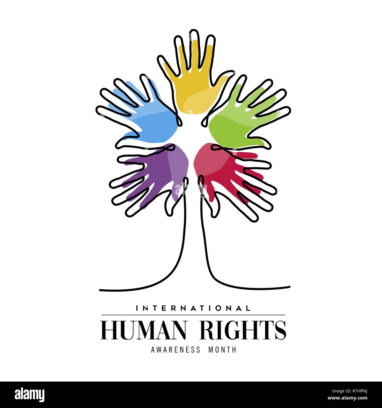 Internazionale dei Diritti Umani il mese di sensibilizzazione illustrazione per la parità a livello globale e la pace con la gente colorata a mano, struttura sociale il concetto di diversità. Illustrazione Vettoriale