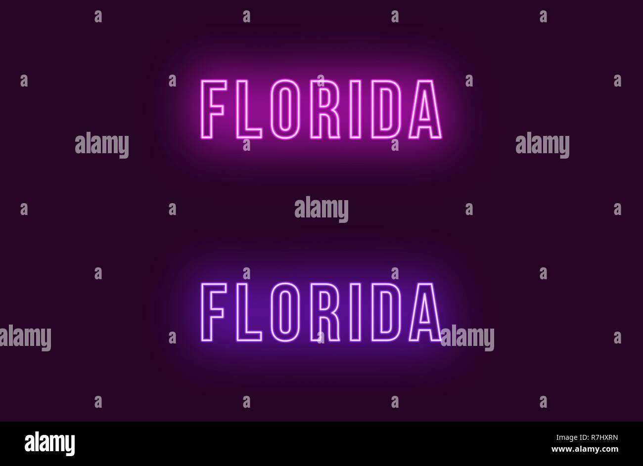 Nome Neon di stato della Florida negli Stati Uniti. Testo Vettoriale della Florida, iscrizione al neon con retroilluminazione in uno stile audace, viola e colori viola. Isolato incandescente t Illustrazione Vettoriale