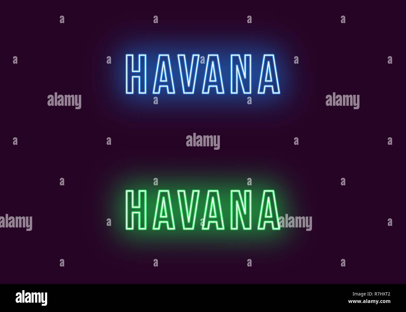 Nome Neon di Havana city in Cuba. Testo Vettoriale di l'Avana, iscrizione al neon con retroilluminazione in uno stile audace, colori blu e verde. Isolate il titolo incandescente Illustrazione Vettoriale