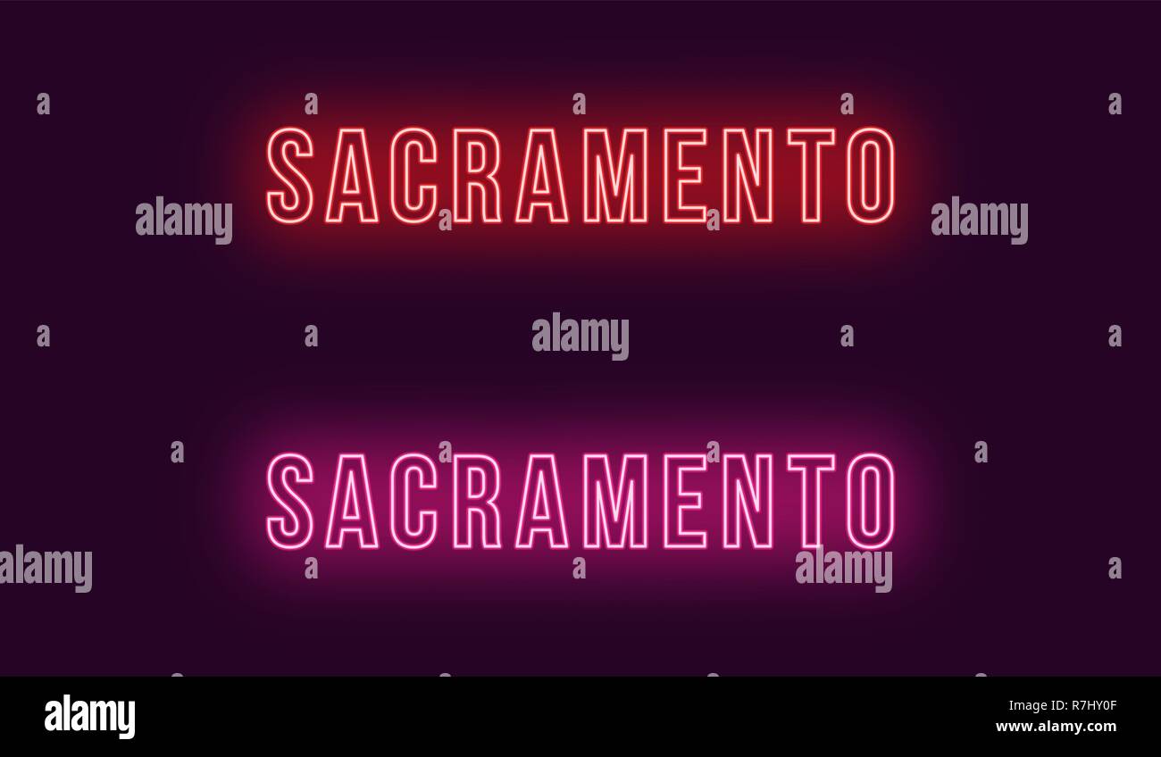 Nome Neon di Sacramento città in Stati Uniti d'America. Testo Vettoriale di Sacramento, iscrizione al neon con retroilluminazione in uno stile audace, rosso e rosa di colori. Isolato incandescente t Illustrazione Vettoriale