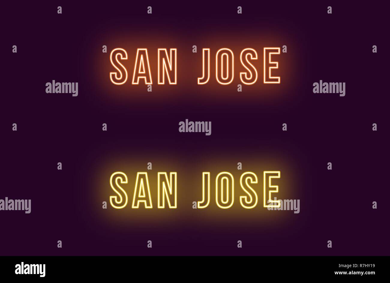 Nome Neon di San Jose città in Stati Uniti d'America. Testo Vettoriale di San Jose, iscrizione al neon con retroilluminazione in uno stile audace, arancione e colori di giallo. Isolato incandescente Illustrazione Vettoriale