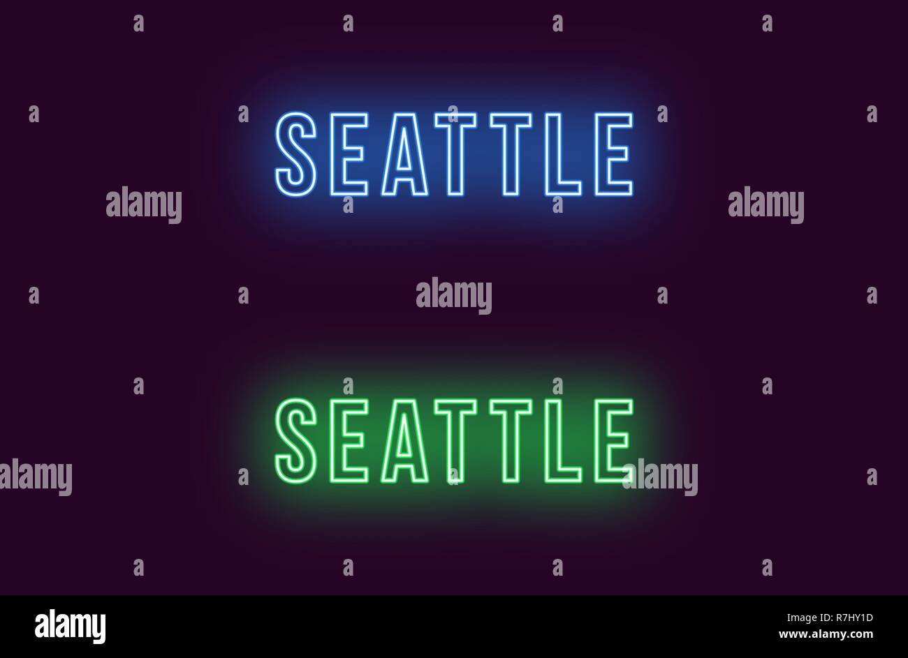 Nome neon della città di Seattle negli Stati Uniti. Testo Vettoriale di Seattle, iscrizione al neon con retroilluminazione in uno stile audace, colori blu e verde. Isolate il titolo incandescente Illustrazione Vettoriale