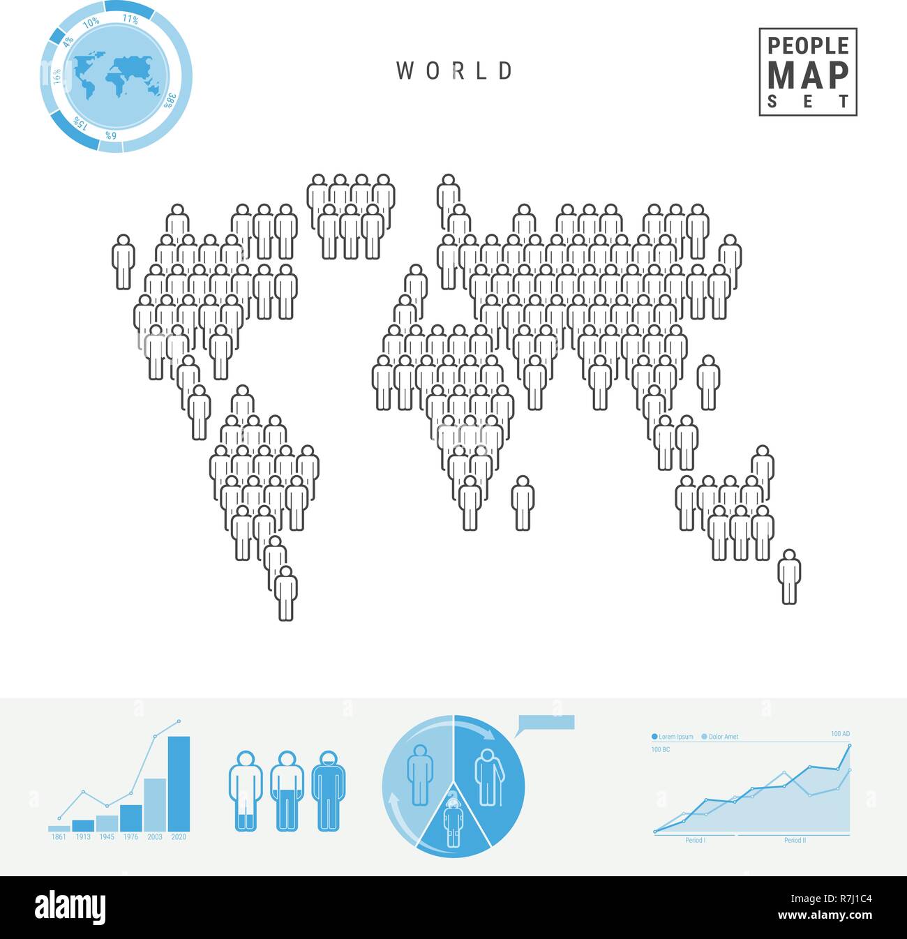 Mondo icona Persone Mappa. Vettore stilizzati Silhouette del mondo. Tasso di crescita e di invecchiamento della popolazione ed infografico elementi Illustrazione Vettoriale