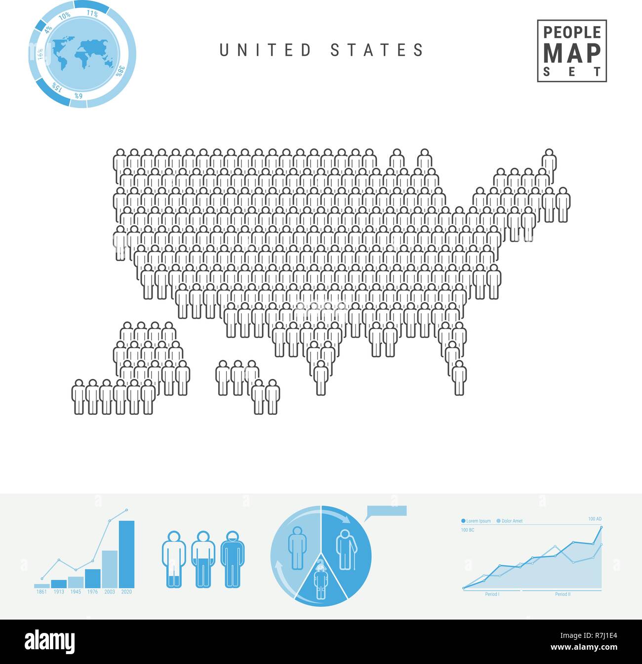 Stati Uniti Persone Mappa Icona. Vettore stilizzati Silhouette di Stati Uniti d'America. Tasso di crescita e di invecchiamento della popolazione ed infografico elementi Illustrazione Vettoriale