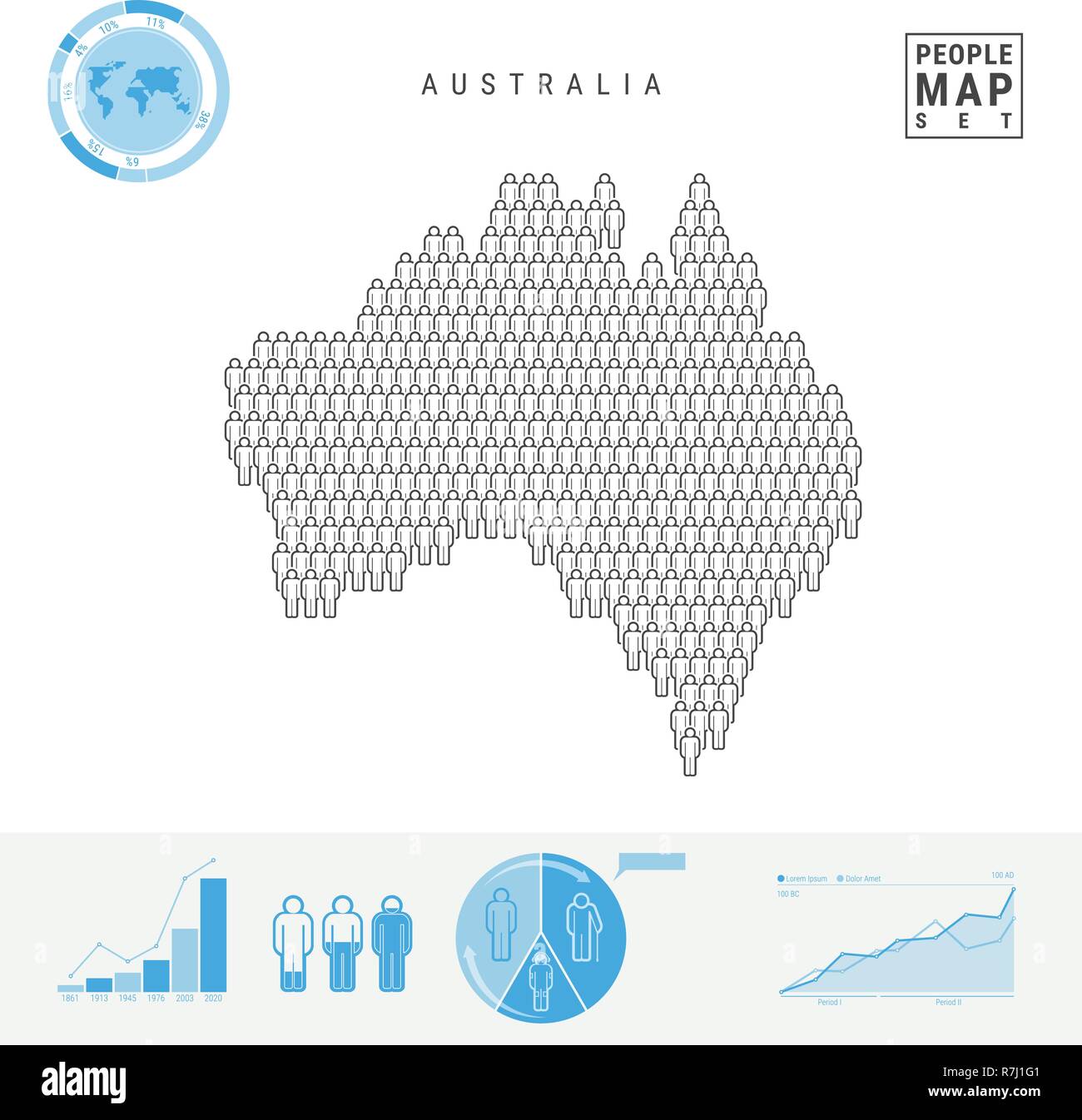 Australia gente icona Mappa. Vettore stilizzati Silhouette di Australia. Tasso di crescita e di invecchiamento della popolazione ed infografico elementi Illustrazione Vettoriale