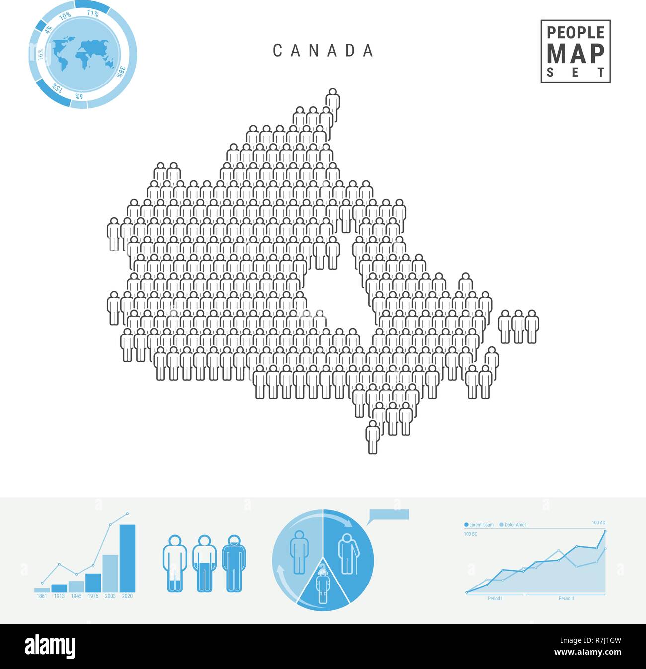 Canada icona Persone Mappa. Vettore stilizzati Silhouette del Canada. Tasso di crescita e di invecchiamento della popolazione Infographics Illustrazione Vettoriale