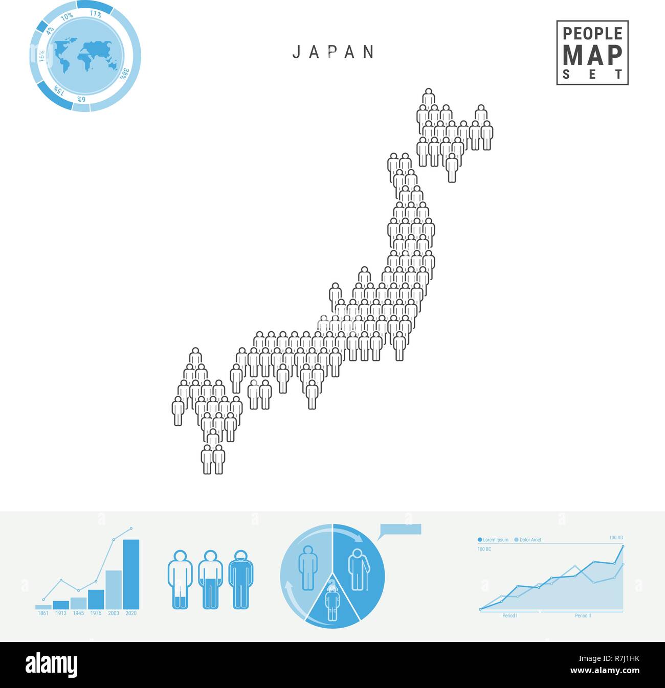 Giappone icona Persone Mappa. Vettore stilizzati Silhouette del Giappone. Tasso di crescita e di invecchiamento della popolazione Infographics Illustrazione Vettoriale