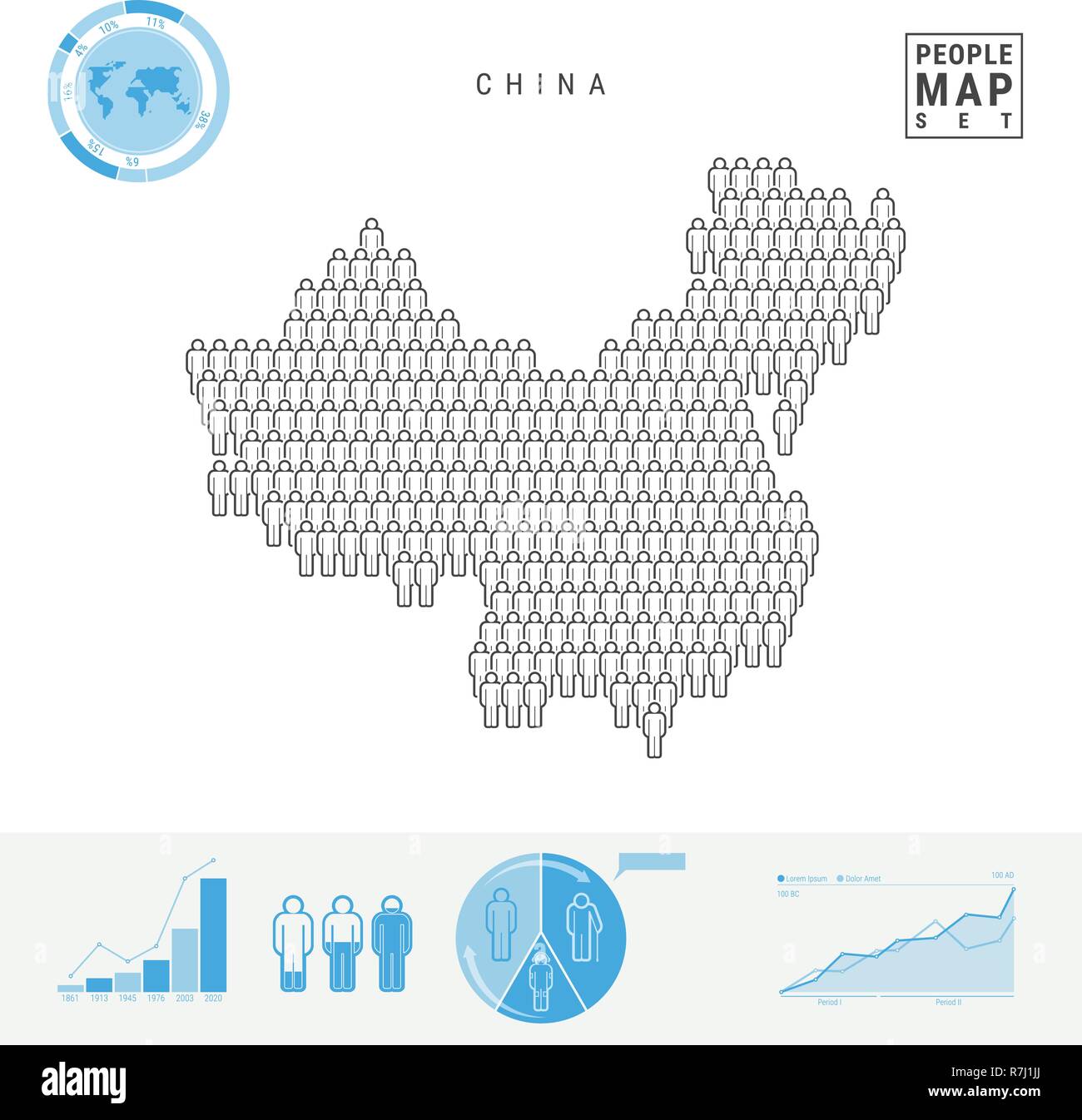 Cina icona Persone Mappa. Vettore stilizzati Silhouette della Cina. Tasso di crescita e di invecchiamento della popolazione Infographics Illustrazione Vettoriale