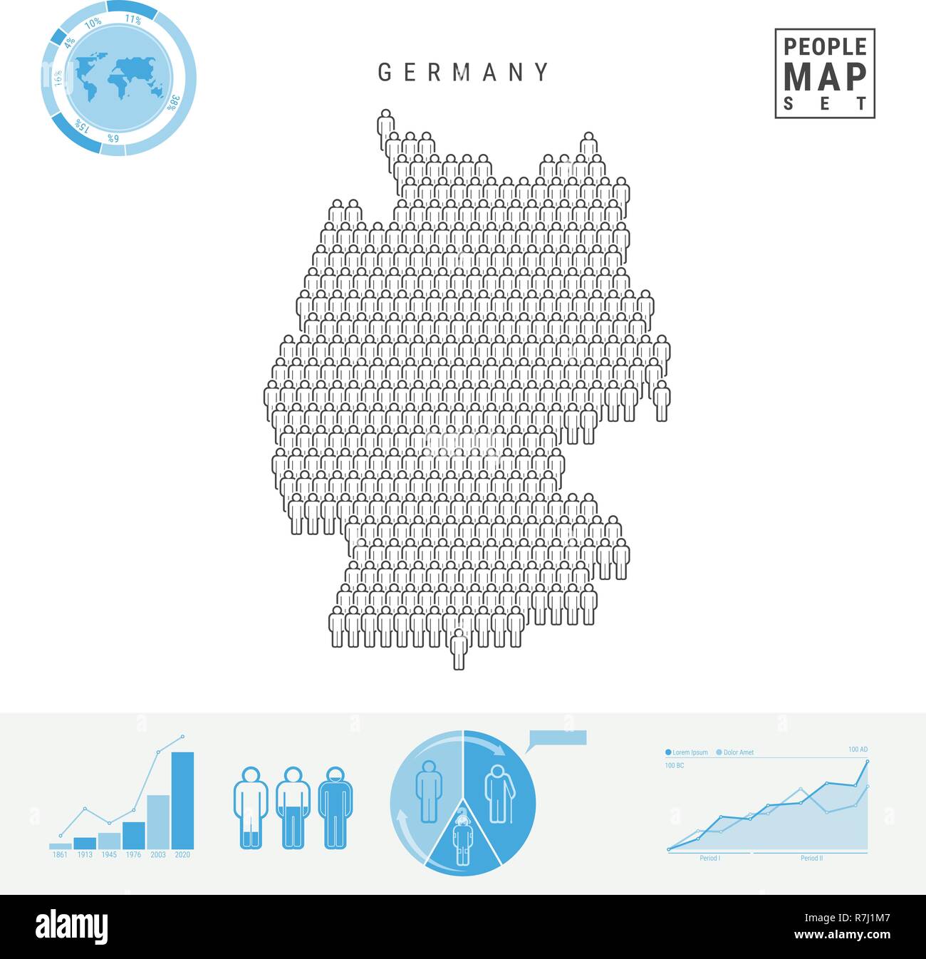 Germania icona Persone Mappa. Vettore stilizzati Silhouette della Germania. Tasso di crescita e di invecchiamento della popolazione Infographics Illustrazione Vettoriale