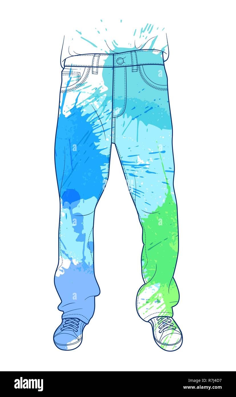 Disegnata a mano jeans con macchie colorate. Illustrazione Vettoriale