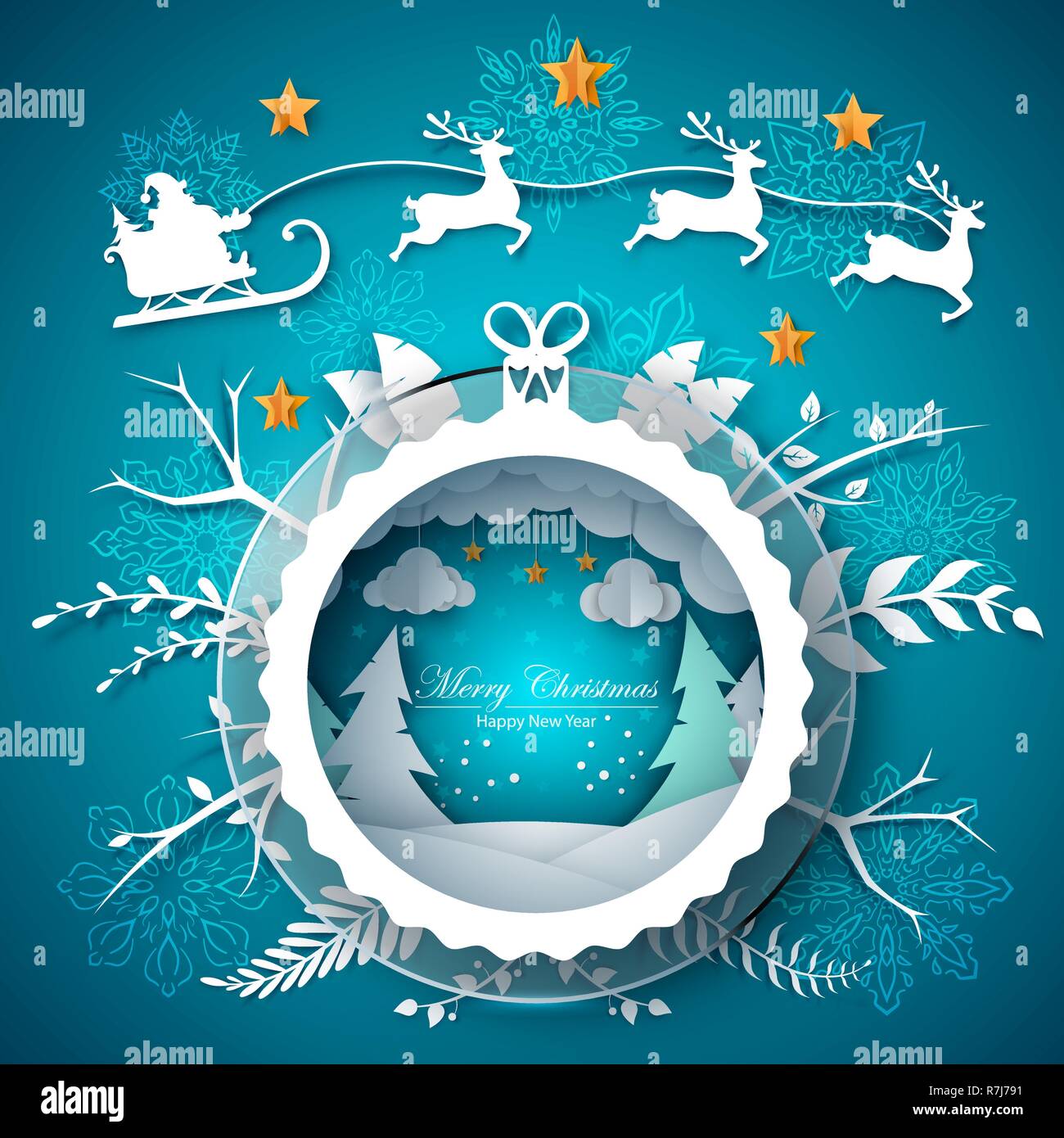 Buon Natale illustrazione. Carta cartone animato paesaggio. Illustrazione Vettoriale