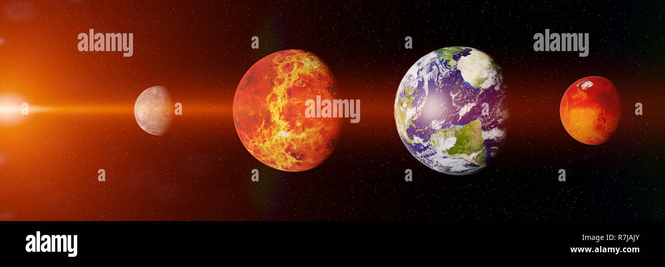 L'interno roccioso pianeti del sistema solare di Mercurio, Venere, Terra e Marte il confronto delle dimensioni Foto Stock