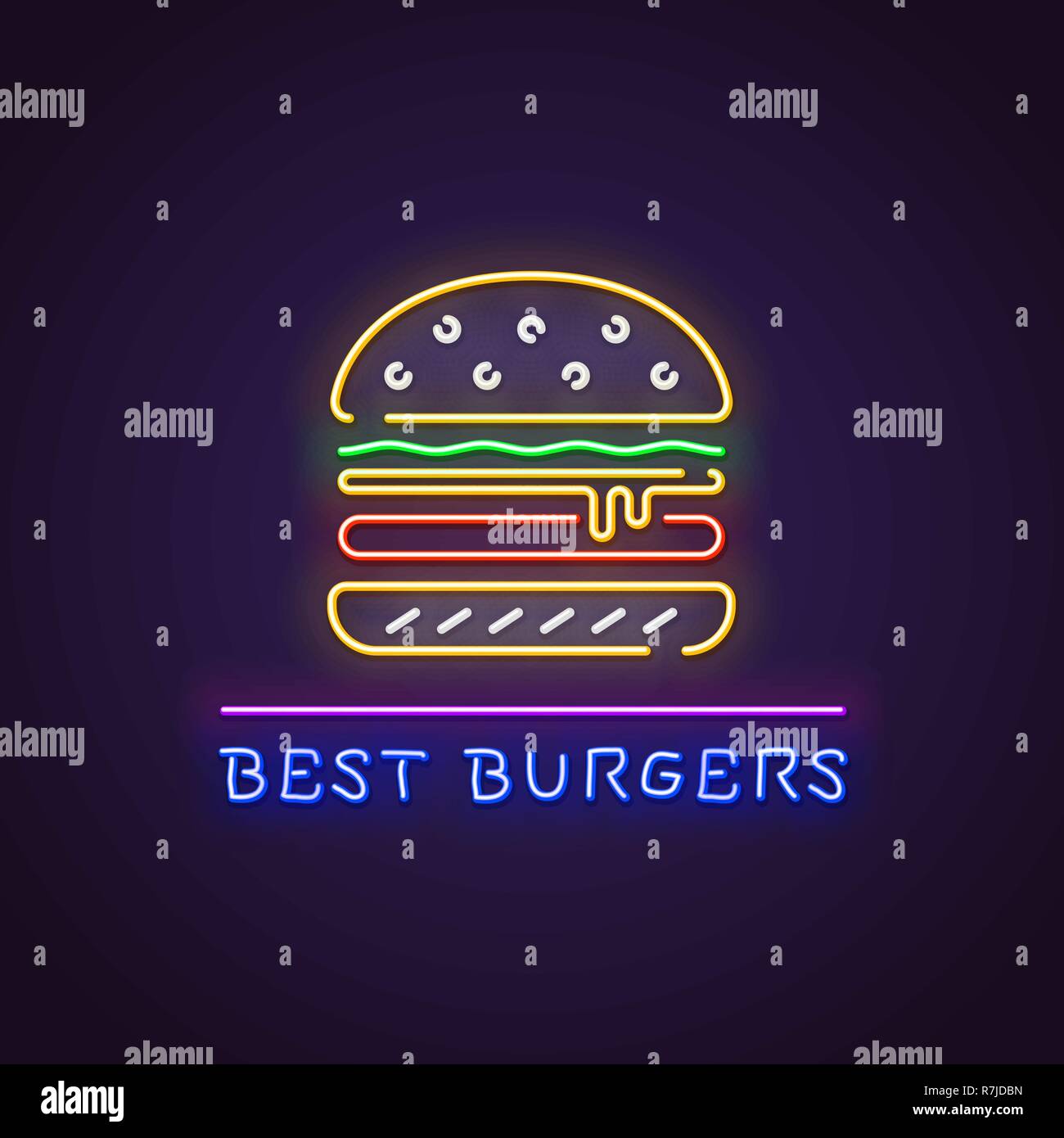 Hamburger insegna al neon. Neon incandescente segno di grande burger. migliori hamburger lettere incandescente in colori retrò. Un ristorante fast food concept. Illustrazione Vettoriale