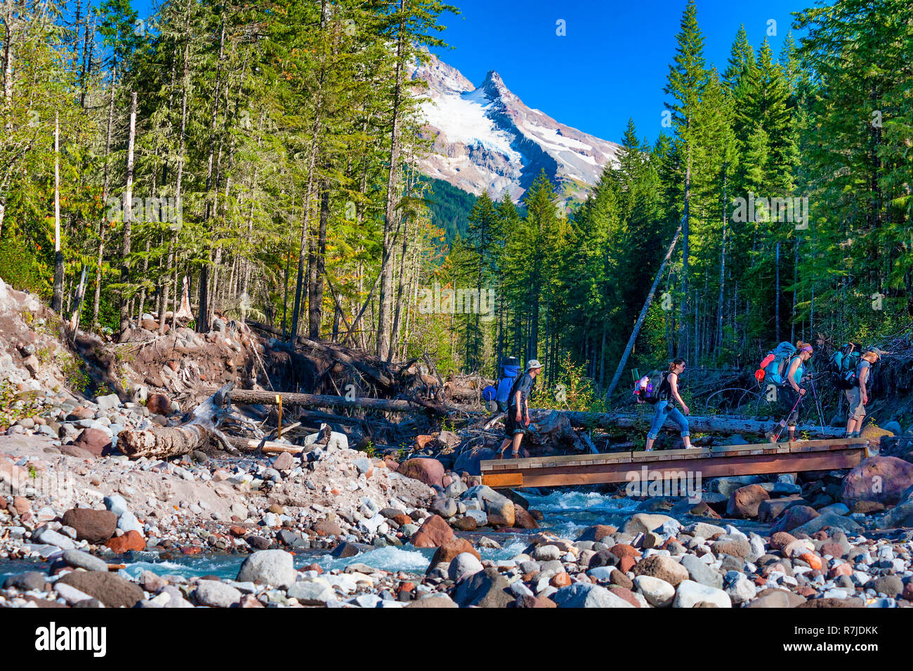 Governo Camp, Oregon, Stati Uniti d'America - 25 Settembre 2010: Backpackers attraversare il cavalcavia sopra la testa del Sandy River in Mt. Hood National Forest. Foto Stock