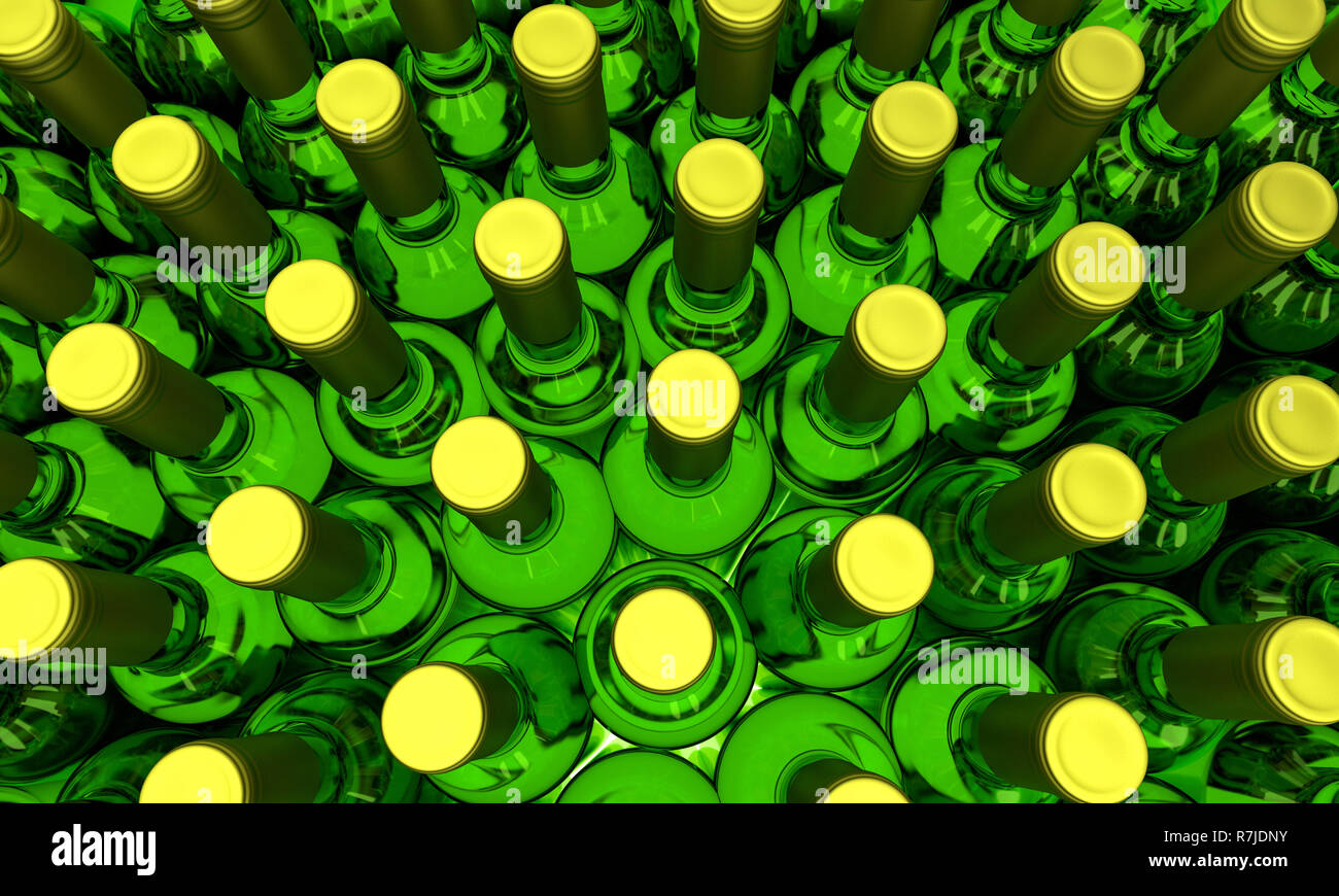 Il rendering 3D: bottiglie di vino bianco shot dal di sopra con illuminazione dal basso Foto Stock
