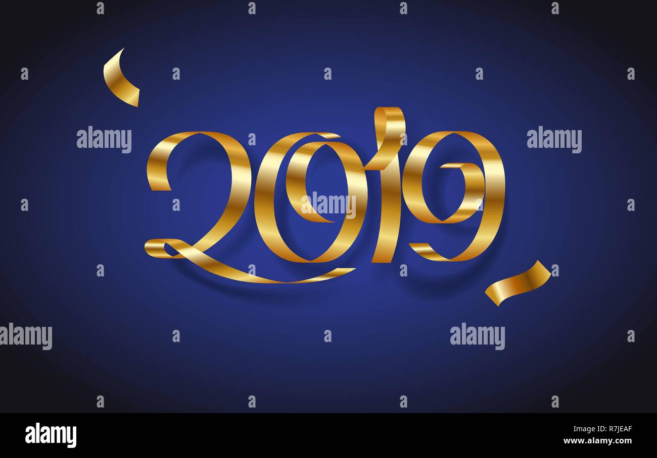 Golden ribbon iscrizione felice anno nuovo 2019 su sfondo blu Illustrazione Vettoriale