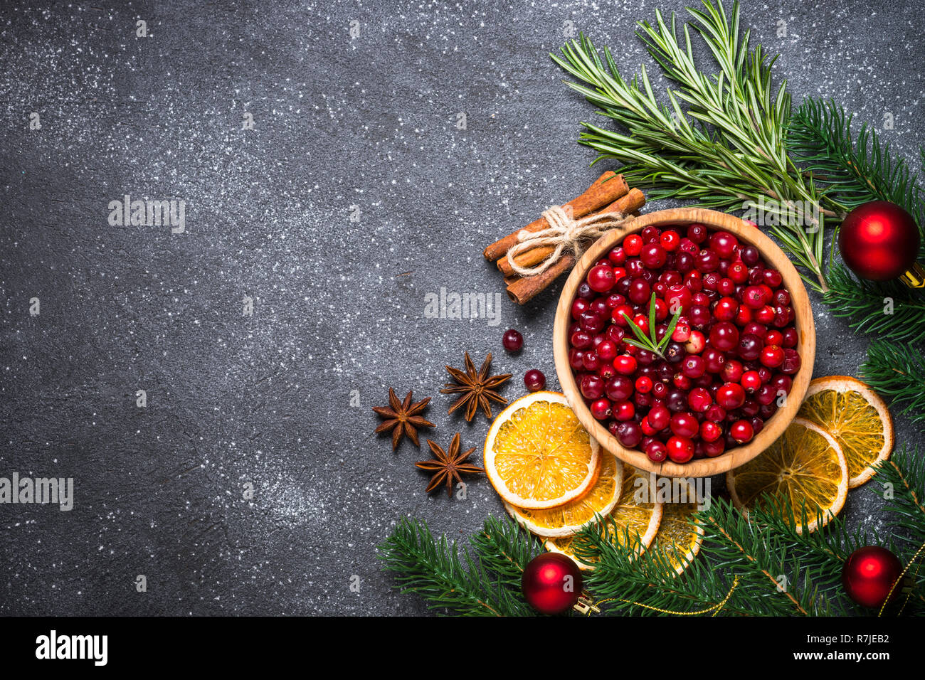 Il Natale di cibo o di bevanda sfondo cottura vista dall'alto. Foto Stock