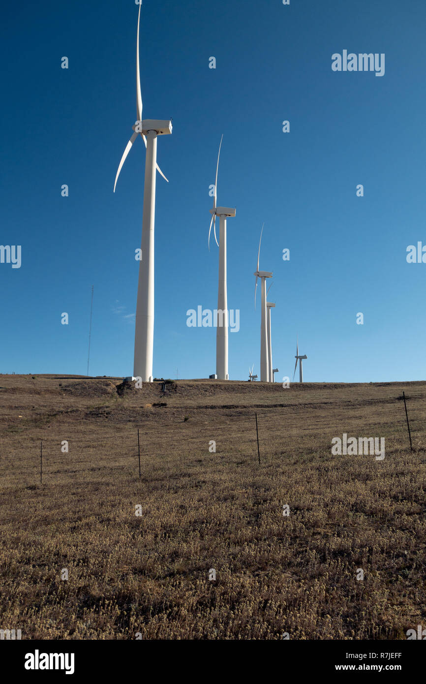 Una fila di turbine eoliche nel cielo blu chiaro, California Foto Stock
