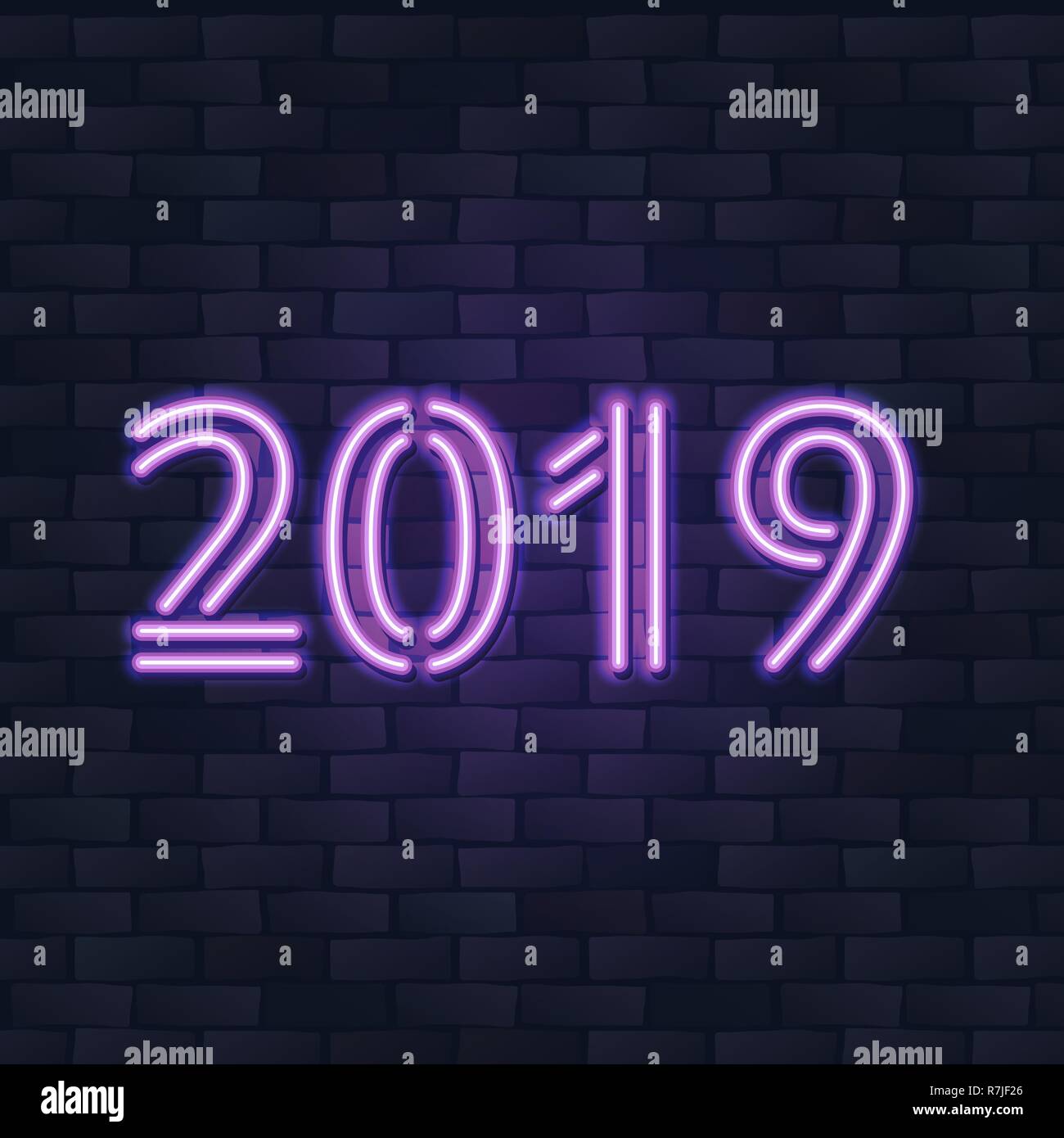 2019 Anno Nuovo concetto con colorate luci al neon. Design retrò elementi per presentazioni, volantini, opuscoli, poster e cartoline. Illustrazione Vettoriale. Illustrazione Vettoriale