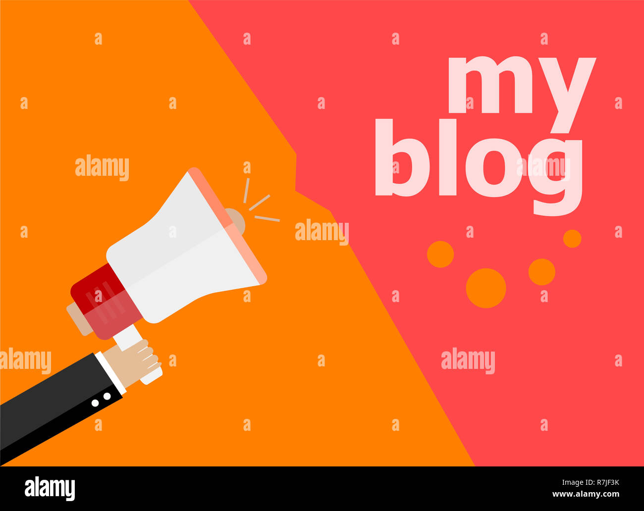 Design piatto il concetto di business. Il mio blog digital marketing business man holding megafono per il sito web e la promozione di banner. Foto Stock