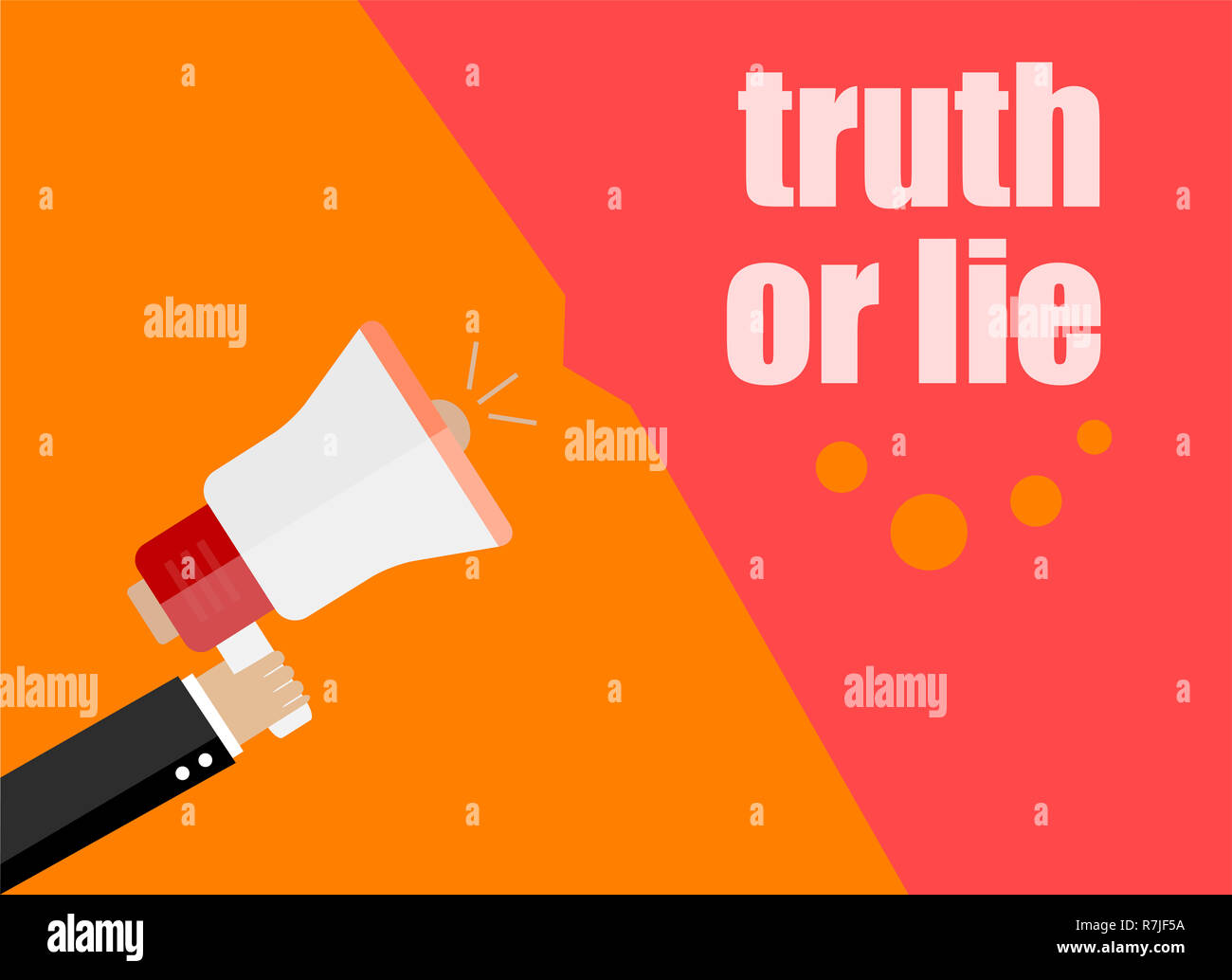 Verità o menzogna. Design piatto concetto aziendale digital marketing business man holding megafono per il sito web e la promozione di banner. Foto Stock