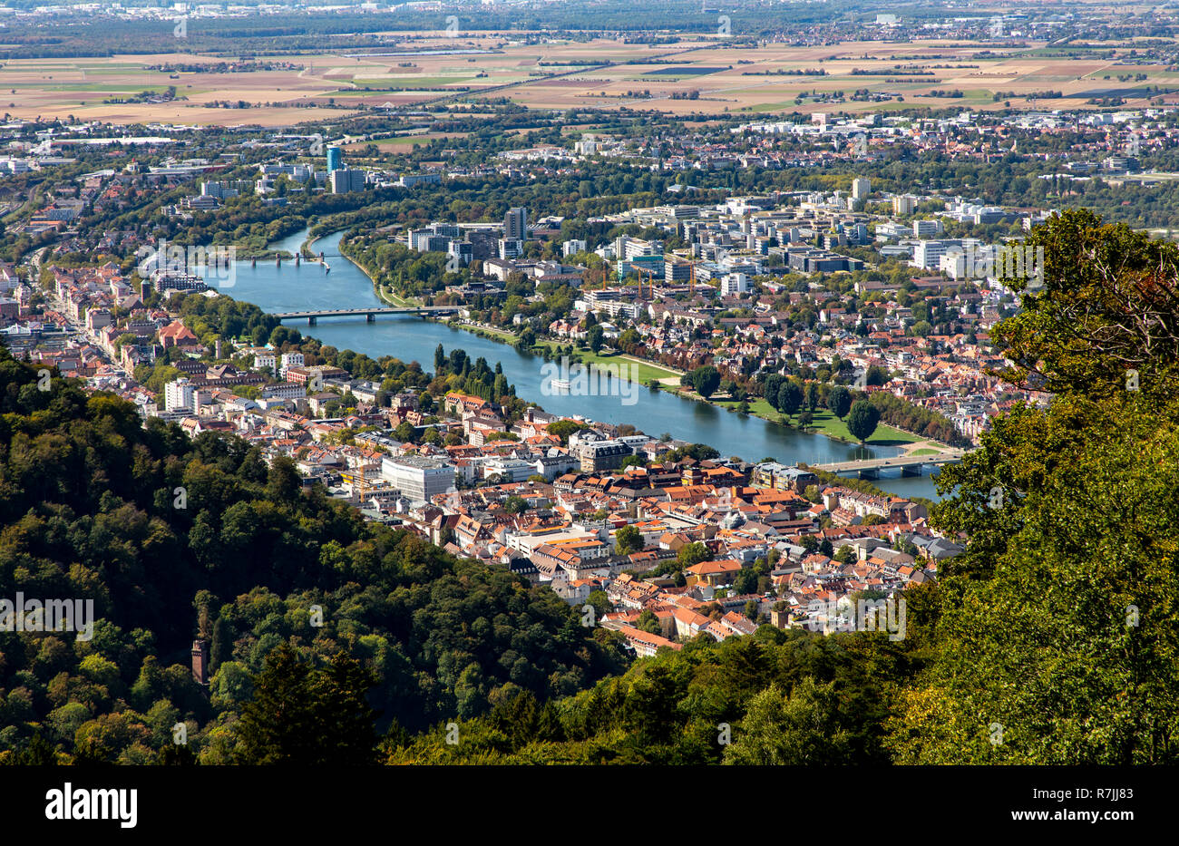 Vista sulla città vecchia di Heidelberg, Neckar, vecchio ponte Neckar, dietro i distretti più recenti, Germania Foto Stock