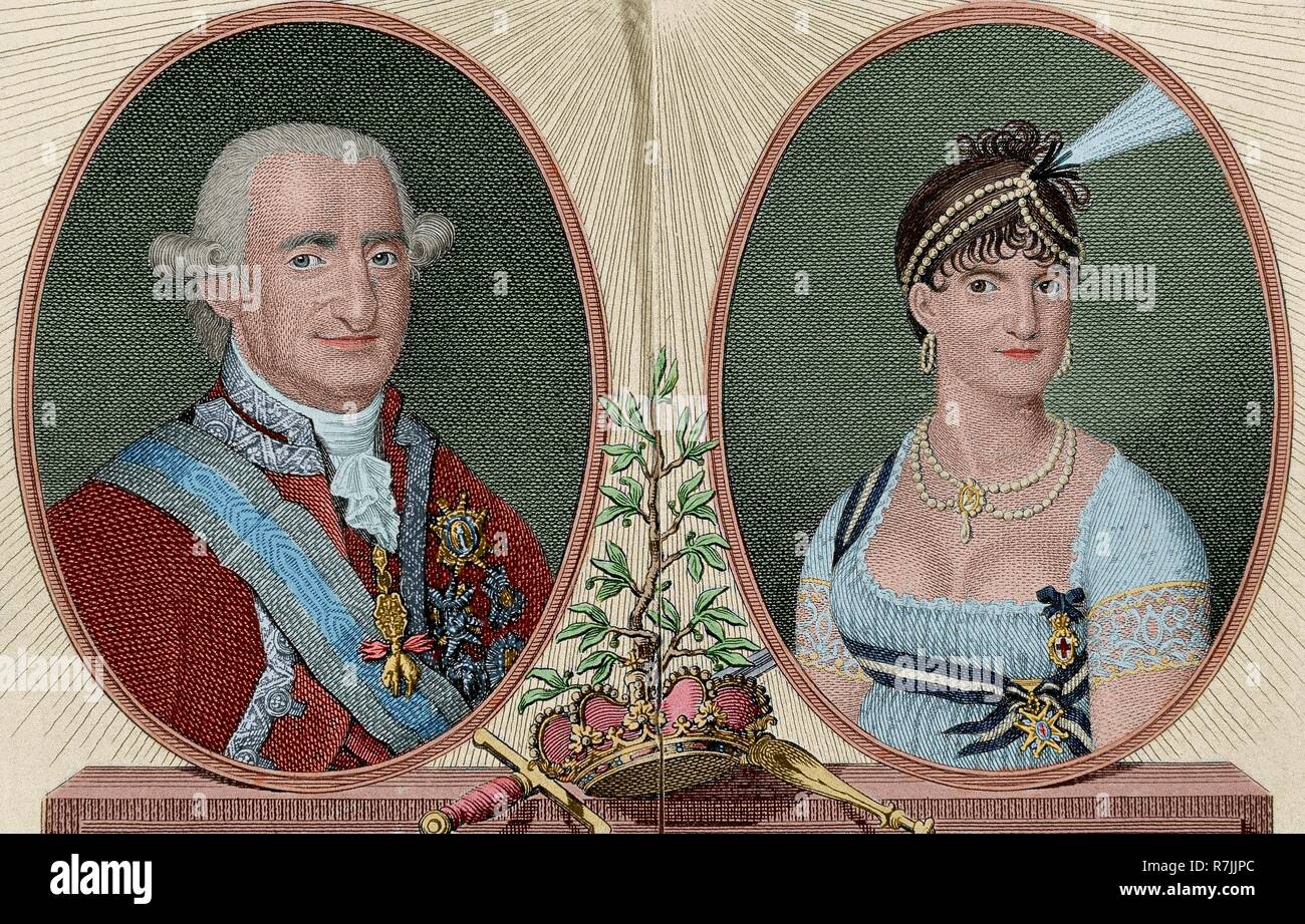 Carlos IV (Nápoles, 1748-Roma, 1819). Rey de España (1788-1808). Carlos IV y su esposa María Luisa. Grabado de Rafael Esteve, año 1806. Coloreado. Foto Stock