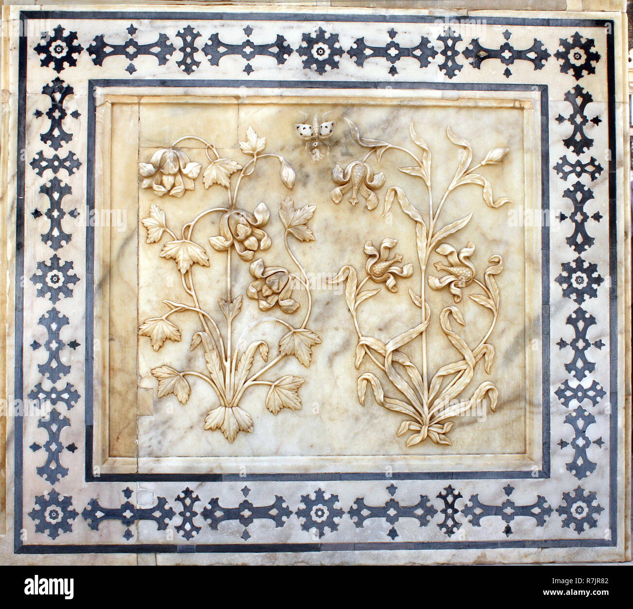 Antico Fiore scolpito nel marmo in Forte Amber vicino a Jaipur, Rajasthan, India Foto Stock