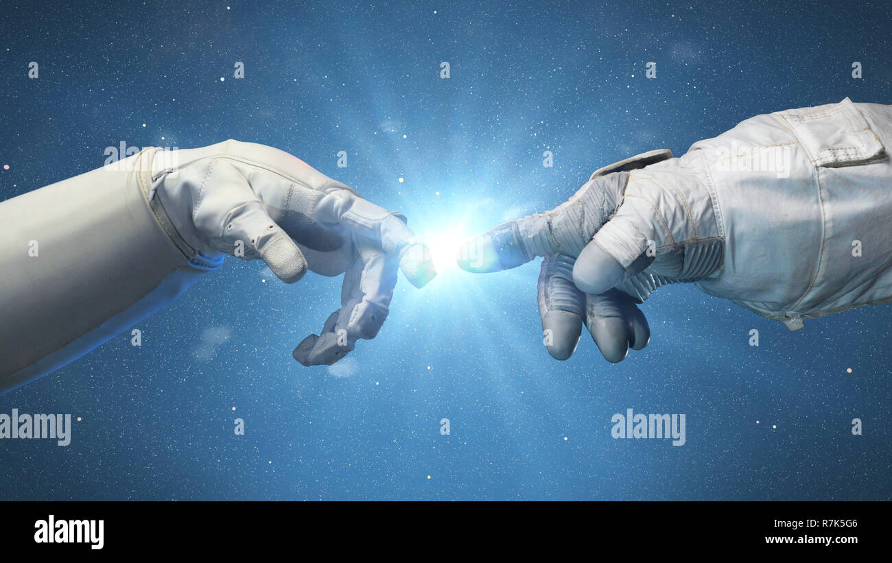 Astronauta mani con blue star, tuta guanti Foto Stock