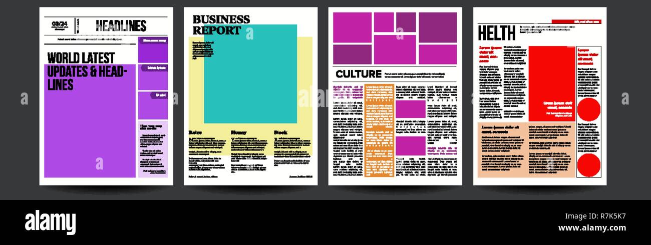 Vettore di giornale. Con Headline, Immagini, Notizie pagina Articoli. La carta da giornale, Reportage informazioni. Premere il layout. Illustrazione Illustrazione Vettoriale