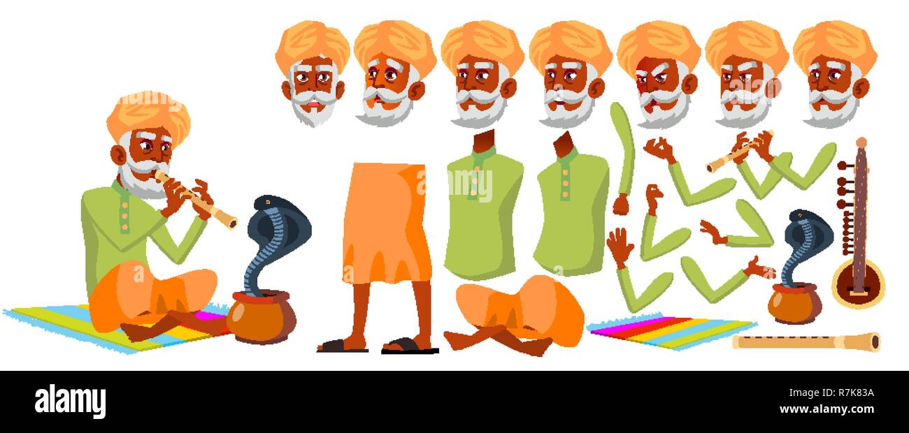 Indian uomo vecchio vettore. Senior persona ritratto. Le persone anziane. Età. Creazione di animazione Set. Affrontare le emozioni, gesti. Hindu. Asian. La gioia. Presentazione. Animata. Isolato illustrazione Cartoon Illustrazione Vettoriale