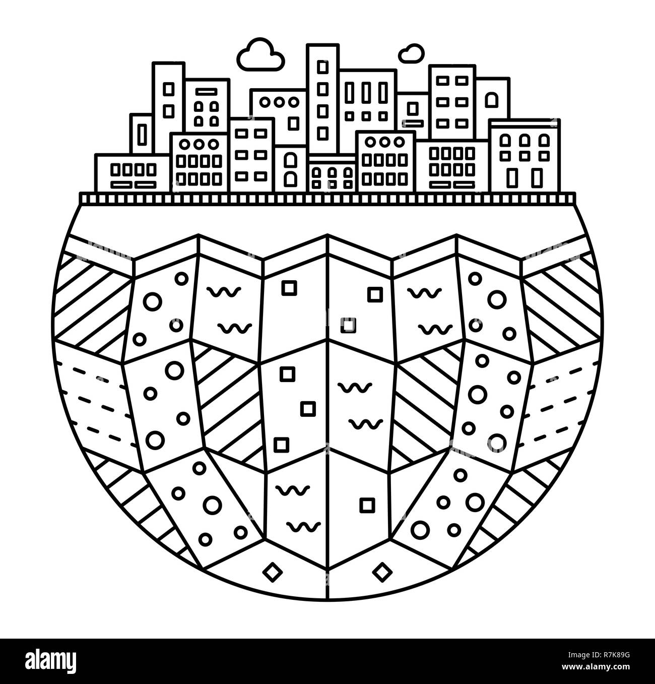 Semplice la silhouette della città. Strati di terra. Illustrazione lineare isolato su sfondo bianco. Design piatto. Icona del fumetto. Sottile lineare illustrazione. Illustrazione Vettoriale