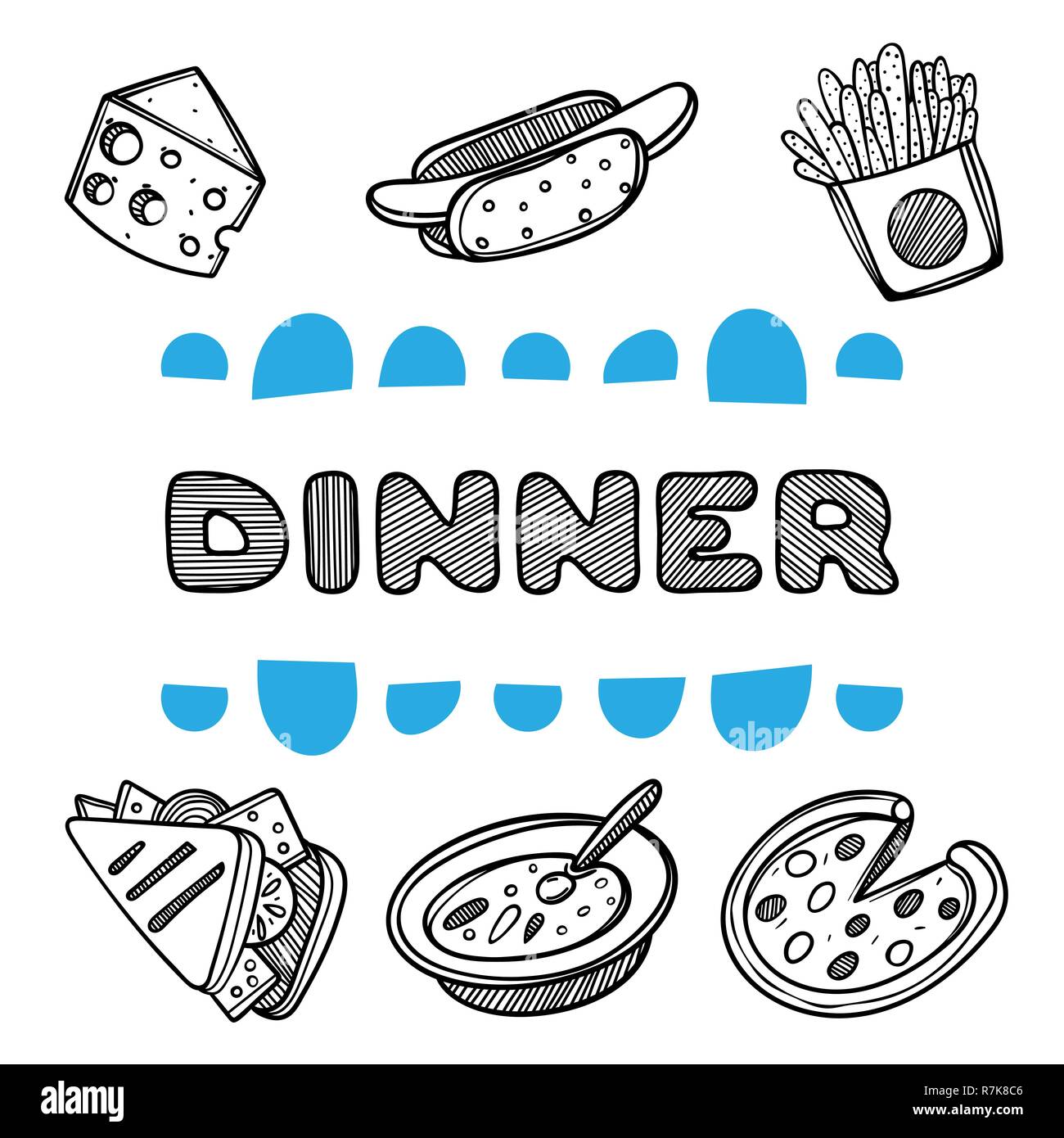 Carino disegnato a mano per menu cafe su sfondo di cibo. Illustrazione lineare. Illustrazione Vettoriale