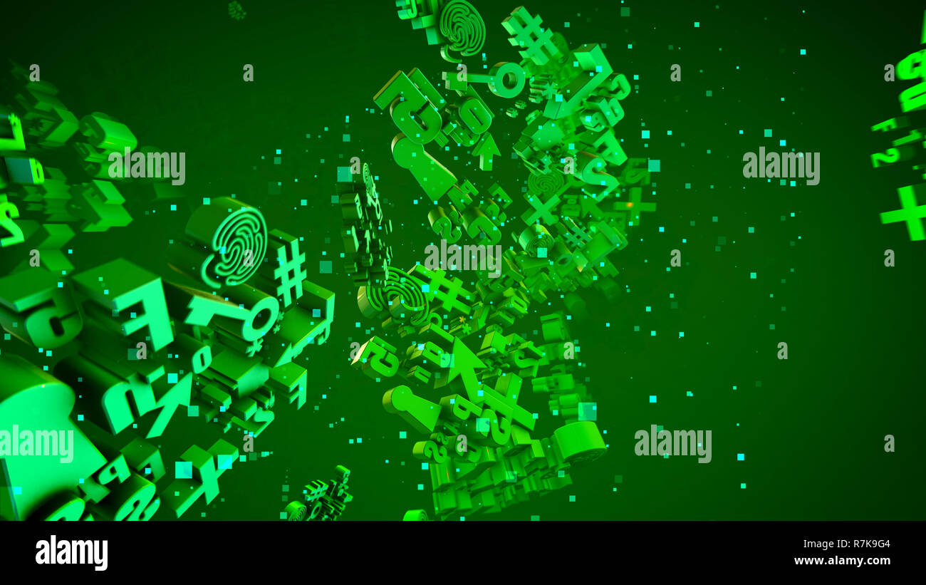 Splendida 3d illustrazione della luce rotante calcolatore verde segni come freccia, ombre, plus, nuvole, chiave, stelle, nuvole, spirali, con l'aumento vertiginoso squ Foto Stock