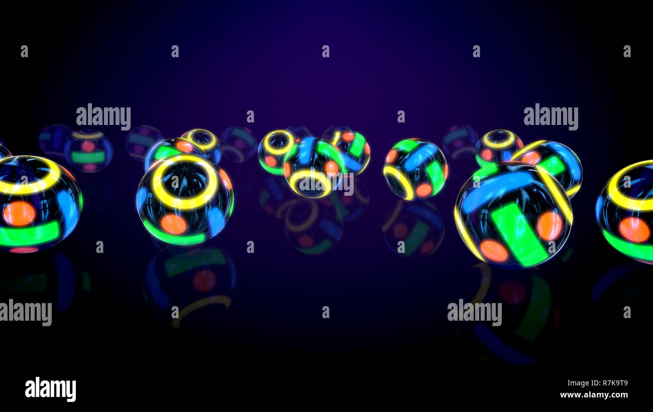 Festive 3d illutration di un gruppo di ricerca al neon coloratissime palle rotolare su una superficie piana in diverse linee in sfondo nero. Essi creano la s Foto Stock