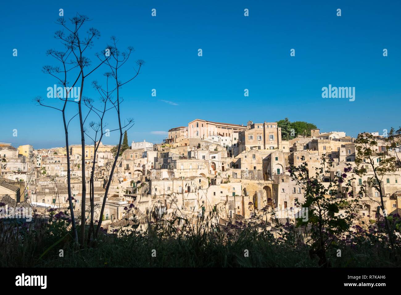 In Italia, Basilicata, Matera, Capitale Europea della Cultura nel 2019, il suo habitat troglodita o Sassi di Matera e le sue chiese rupestri sono elencati come patrimonio mondiale dall' UNESCO, Sasso Barisano Foto Stock