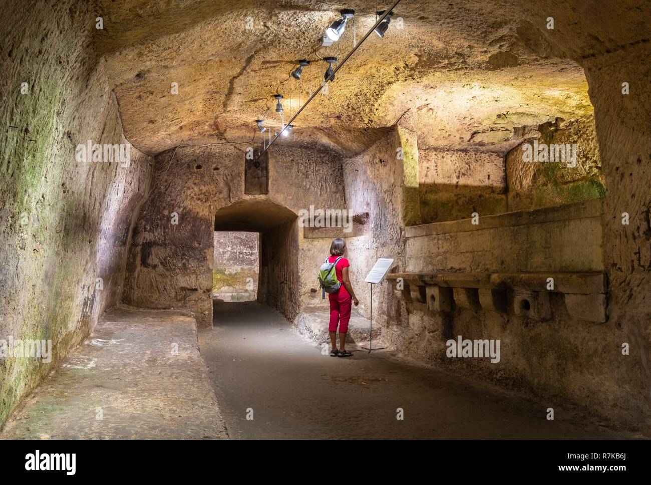 In Italia, Basilicata, Matera, Capitale Europea della Cultura nel 2019, il suo habitat troglodita o Sassi di Matera e le sue chiese rupestri sono elencati come patrimonio mondiale dall' UNESCO, Sasso Barisano, il monastero dei complessi rupestri di Madonna delle Virtu e San Nicola dei Greci scavate nel IX secolo Foto Stock