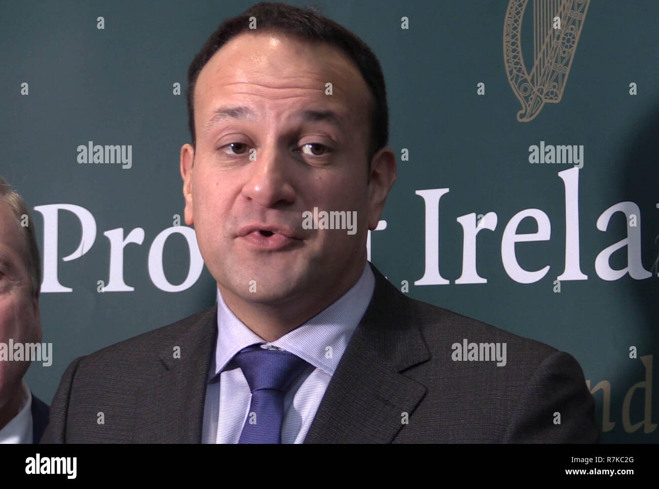 Acquisizione video di Taoiseach Leo Varadkar intervenendo a un evento a Dublino dove ha svelato più di 75 milioni di euro per 27 progetti sotto i dirompenti tecnologie Innovazione fondo, signor Varadkar ha detto che la UE ha fatto un sacco di concessioni attraverso il processo di negoziazione tra cui il recente clausola di riesame. Foto Stock