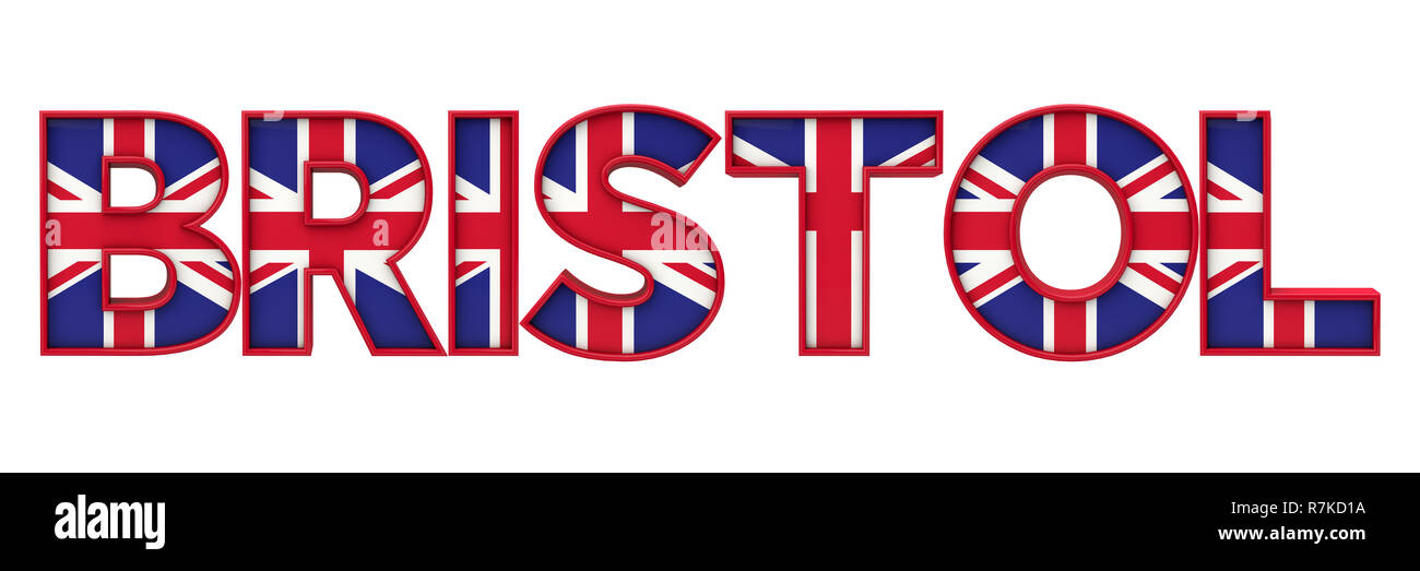 La città di Bristol parola fatta da union jack flag lettering. Il rendering 3D Foto Stock