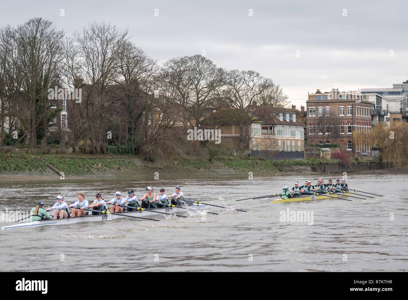 Londra, Regno Unito. Il 10 dicembre 2018. Regata di prova (VIIIs Eights) sono le uniche opportunità su entrambi i lati sono in gara il corso completo da Putney a Mortlake con la gara di arbitri, in modo da fornire un importante banco di prova per i Canottieri coxes e simili. Essi consentono ai team di coaching per analizzare la progressione e le potenzialità e sono spesso influente nella selezione finale degli equipaggi per le barche di blu. La prima prova ottava gara fu organizzata da Oxford 153 anni fa in 1859 e Cambridge entrato a far parte della tradizione tre anni più tardi nel 1862. Questo anno CUWBC hanno scelto a nome dei loro equipaggi dopo due vincitore del Premio Nobel donne, Marie Foto Stock