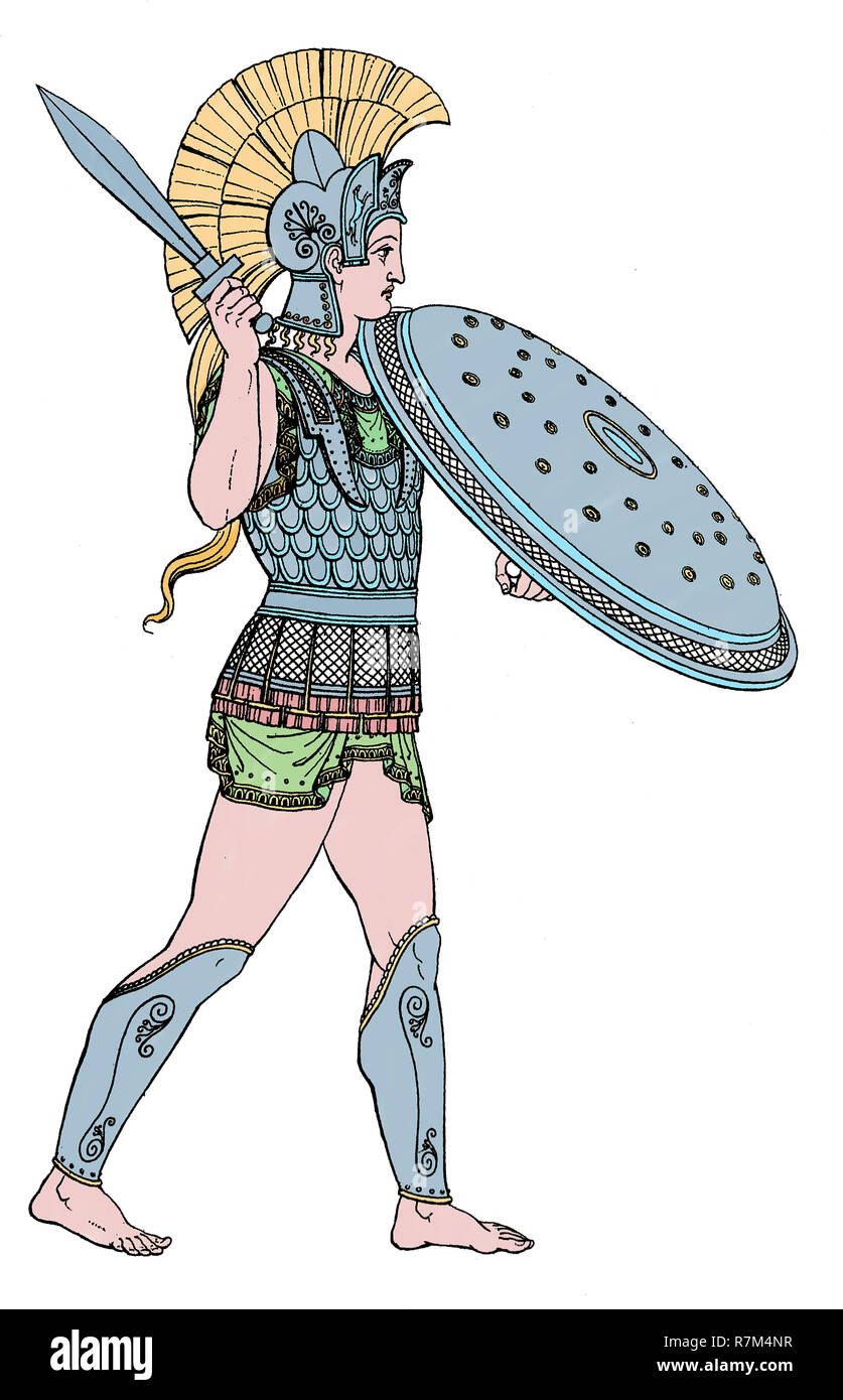 Il guerriero greco. Incisione del XIX secolo. Colore. Foto Stock