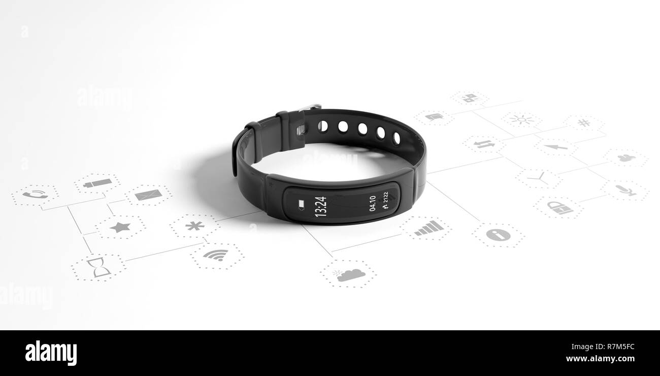Fitness e tecnologia, uno stile di vita sano. Il tracker di fitness, smart watch, nero, isolato su sfondo bianco con applicazioni di simboli. 3d illustrazione Foto Stock