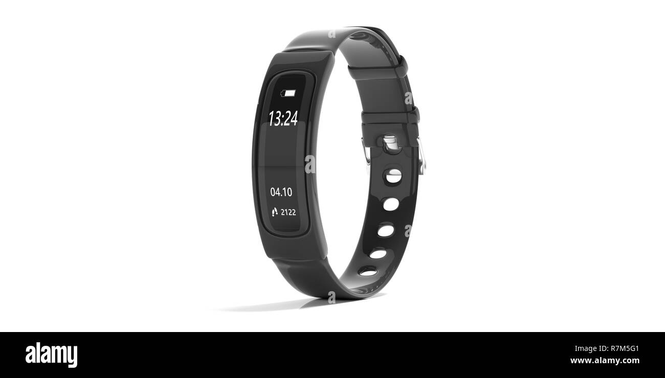 Fitness e tecnologia, uno stile di vita sano. Il tracker di fitness, smart watch, nero, isolati su sfondo bianco. 3d illustrazione Foto Stock