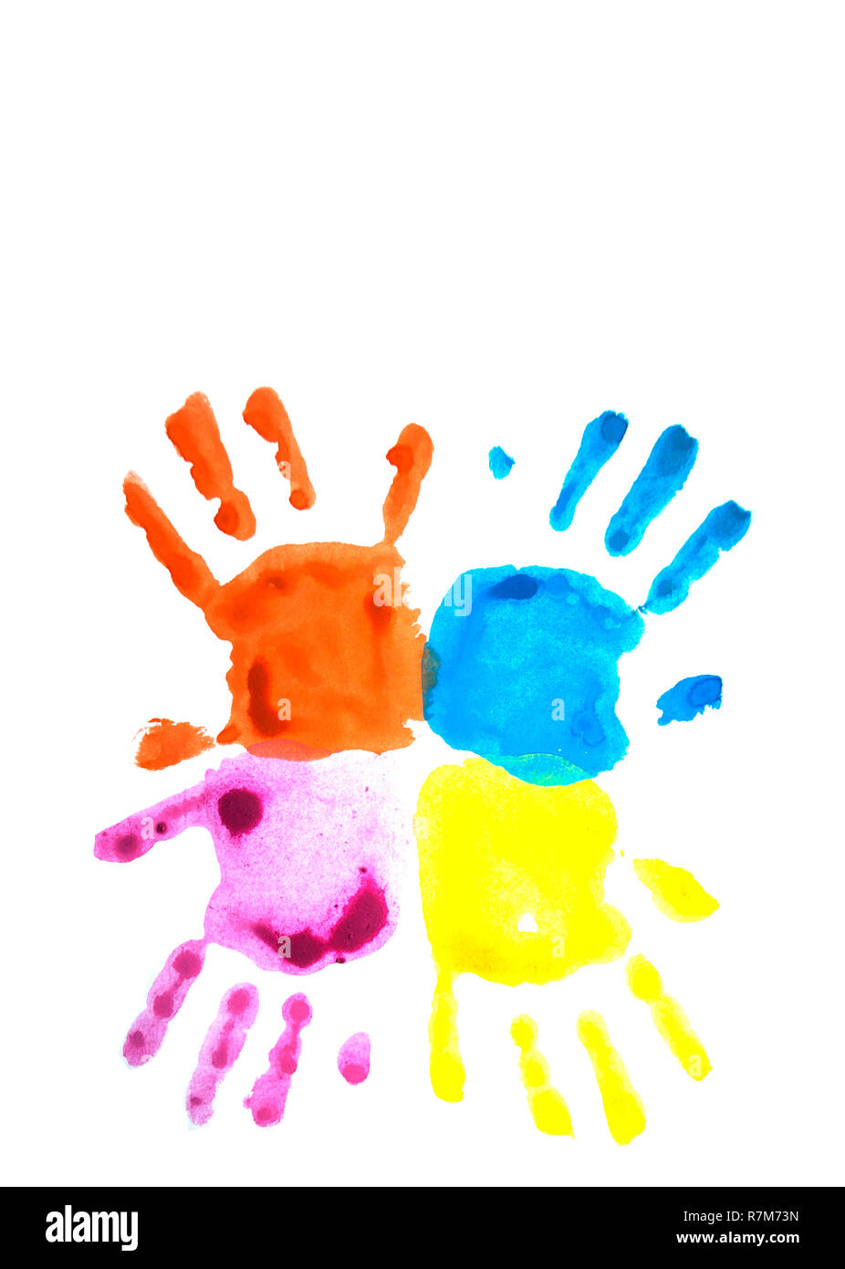 Quattro colorati del bambino handprints isolato su bianco con copyspace. Mondo autismo consapevolezza giorno concetto. Foto Stock