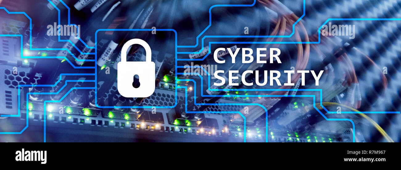 Cyber security, informazioni privacy e protezione dei dati concetto sulla sala server sfondo. Foto Stock