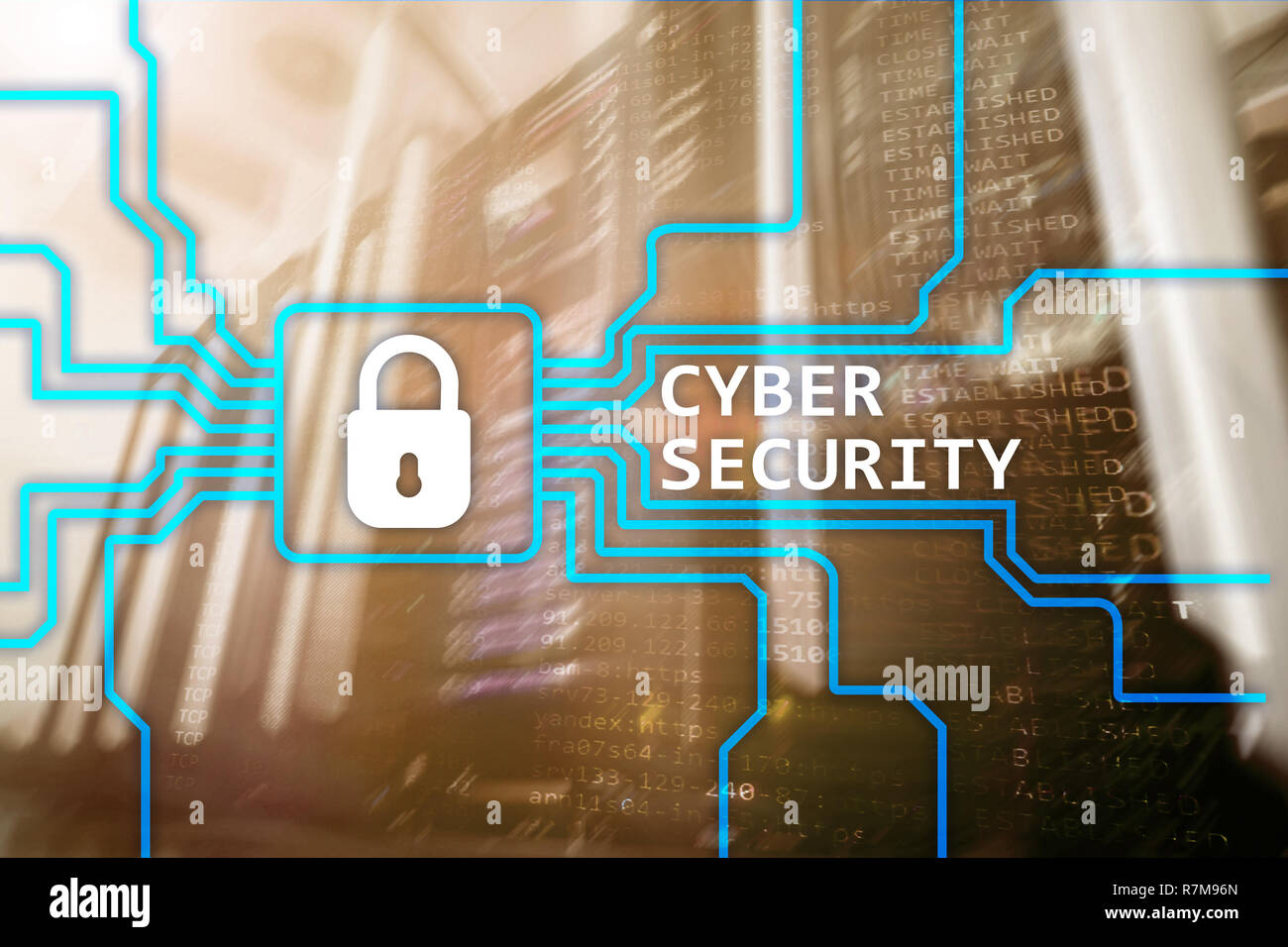 Cyber security, informazioni privacy e protezione dei dati concetto sulla sala server sfondo. Foto Stock