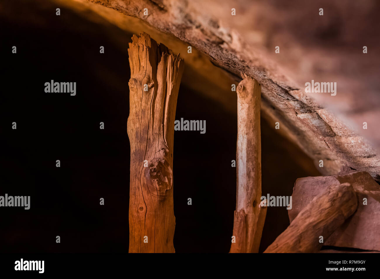 Una parete esposta mostra jacal tecnica di costruzione dei posti e fango al Moon House rovina sul cedro Mesa, costruita dall'ancestrale popolo dei Pueblo e onc Foto Stock
