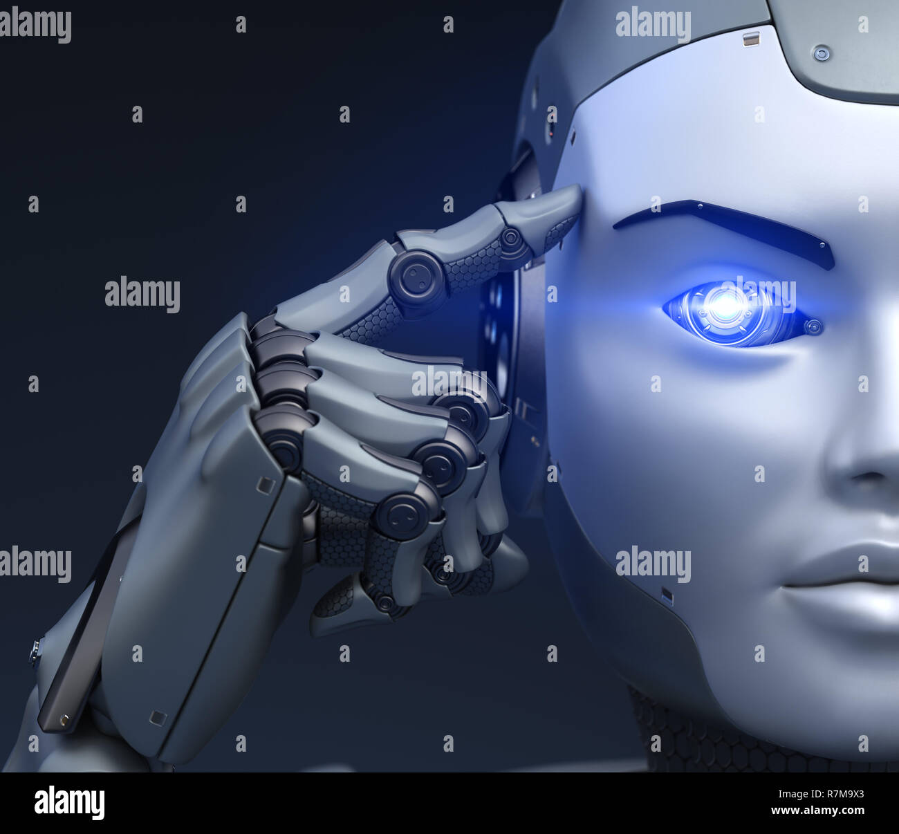 Cyborg detiene un dito vicino alla testa. 3D illustrazione Foto Stock