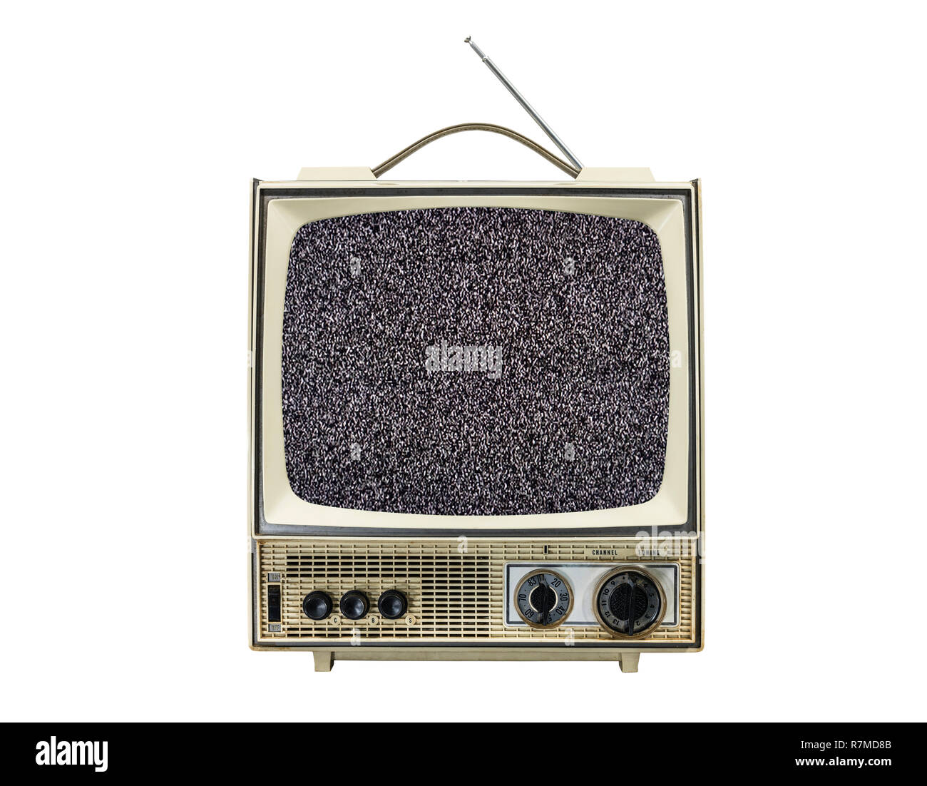 Grungy vintage televisore portatile isolato su bianco con schermo statico. Foto Stock